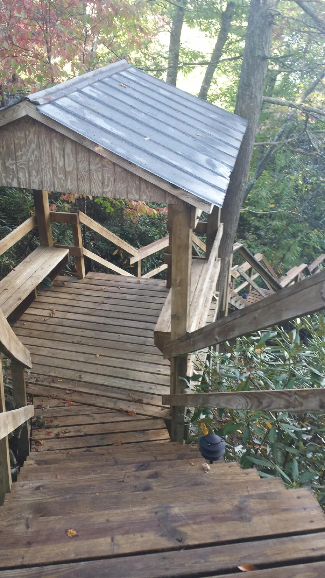 Metal roofed shelter over wooden steps on a wooded walkway — Skylight Repair & Installation work by our crew in Sutherlin